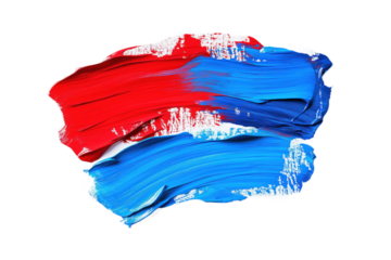 Vibrant abstract composition with bold diagonal line transitions from red to blue. White paint adds contrast to colorful elements. Stark isolated background provides strong contrast to colorful line.