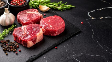 Premium raw steak cuts, lamb chops, and ground beef on a dark grey marble table, presented with garlic, thyme, and spices, perfect culinary layout
