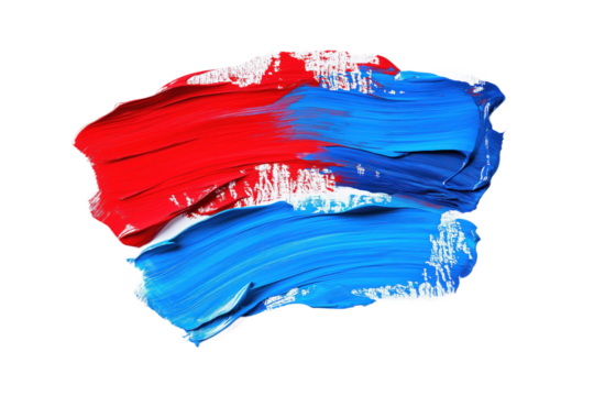 Vibrant abstract composition with bold diagonal line transitions from red to blue. White paint adds contrast to colorful elements. Stark isolated background provides strong contrast to colorful line.