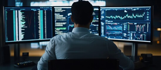 Stock trader analyzing market data and trading patterns with multiple high-resolution monitors in a trading environment