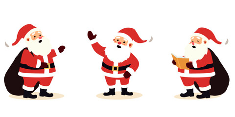 three Santa Claus characters in traditional red suits. One holds a sack, another waves, and the third reads a book. Ideal for Christmas designs, holiday greetings, and festive themes