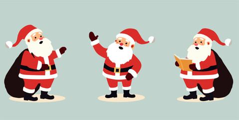 three Santa Claus characters in traditional red suits. One holds a sack, another waves, and the third reads a book. Ideal for Christmas designs, holiday greetings, and festive themes