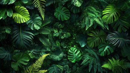 Abstract Artistic composition of an assortment of tropical plants with lush green leaves, featuring different textures and shades of green