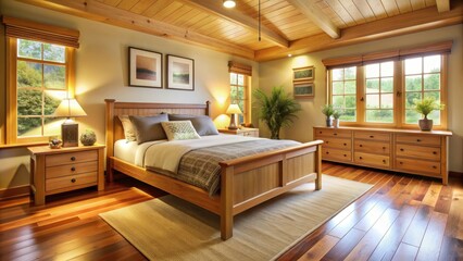 Cozy bedroom with warm butter wood furniture , interior, bedroom, cozy, warm, butter, wood, furniture, comfortable, homely