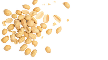 Pile of golden-brown roasted peanuts on isolated transparent background. Peanuts scattered, some cracked open, revealing inner contents. Roasted snack food, nutty aroma, savory flavor. Alpha mask png.