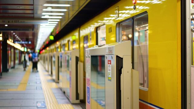 Tokyo metro train at subway station. Japanese modern urban life, public transport commute for passengers, tourists, city workers in Japan. 