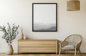 A simple and elegant living room mockup with an empty frame on the wall, featuring a white sofa against a beige background.