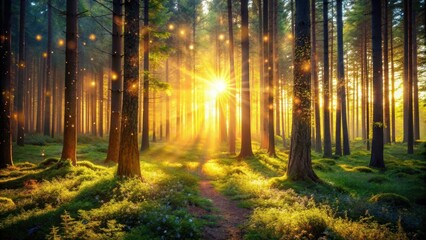 Fototapeta premium Sunlight filters through a fantastic forest at sunset, creating a sparkling and magical ambiance , fantasy, forest