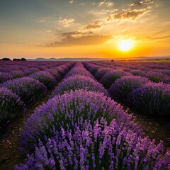 Fototapeta premium Vast lavender fields under a setting sun casting a golden glow over the landscape