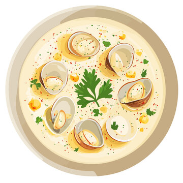 Delicious Clam chowder. Traditional American cuisine. Popular authentic dishes, vector illustration 