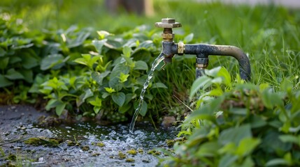 Exterior dripping water faucet or tap in yard. 