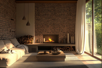 Living room interior with dining zone and fireplace