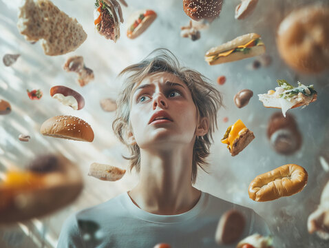 Une jeune personne angoiss&eacute;e face &agrave; la nourriture qui tourbillonne autour d'elle : portrait de l'anorexie mentale, troubles alimentaires, hyperphagie, orthorexie ou boulimie, &eacute;quilibre alimentaire