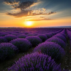 Obraz premium Vast lavender fields under a setting sun casting a golden glow over the landscape