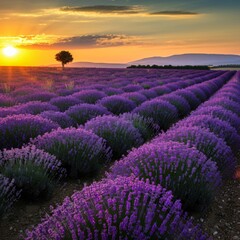 Obraz premium Vast lavender fields under a setting sun casting a golden glow over the landscape