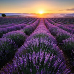 Fototapeta premium Vast lavender fields under a setting sun casting a golden glow over the landscape