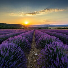 Obraz premium Vast lavender fields under a setting sun casting a golden glow over the landscape