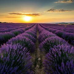 Obraz premium Vast lavender fields under a setting sun casting a golden glow over the landscape