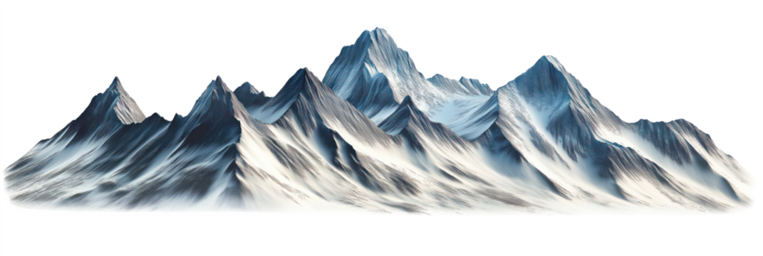 Mountain range with light gray rocks, white snow. Diagonal line of high peaks, cut out on transparent background, isolated. Alpine landscape with rock, hill. High mountains with tip, peak, glacier.