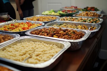 Fototapeta premium Assortment of Delicious Dishes in Aluminum Trays on a Table