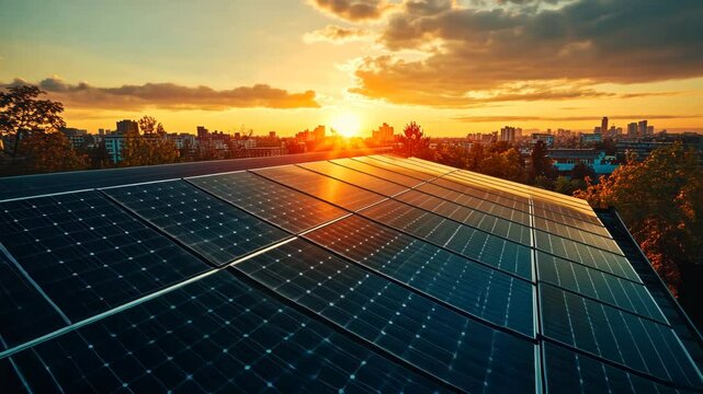 Solar panels on a rooftop during a vibrant sunset over a cityscape.