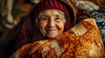 Caregiver covering a smiling elderly woman with a warm blanket