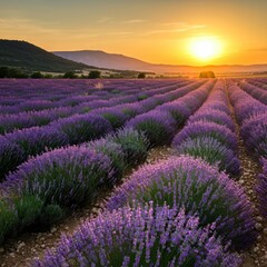 Obraz premium Vast lavender fields under a setting sun casting a golden glow over the landscape