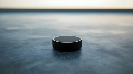 Classic hockey puck centered on an empty ice rink, ideal for sports themes
