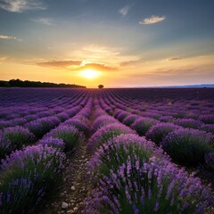 Vast lavender fields under a setting sun casting a golden glow over the landscape