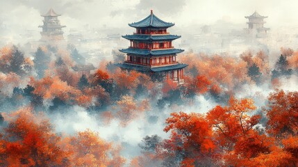 Obraz premium Autumn Forbidden City Scene with Golden Outlines in Mist