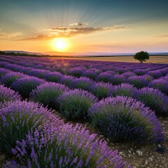 Obraz premium Vast lavender fields under a setting sun casting a golden glow over the landscape