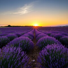 Obraz premium Vast lavender fields under a setting sun casting a golden glow over the landscape