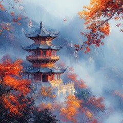 Obraz premium Autumn Forbidden City Scene with Golden Outlines in Mist
