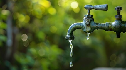 Exterior dripping water faucet or tap in yard. 