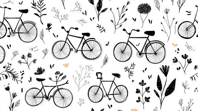  A black and white pattern of a bicycle and flowers on a white background with a pink heart in the center