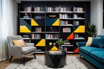 Obraz premium Urban Flat Interior with Bold Geometric Bookcase and Cozy Armchair Design