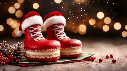 Santa boot macarons, festive dessert, photorealistic, on checkered red-green napkin, Christmas lights bokeh in background, detailed, isolated on white background