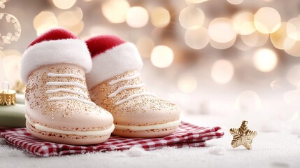 Santa boot macarons, festive dessert, photorealistic, on checkered red-green napkin, Christmas lights bokeh in background, detailed, isolated on white background