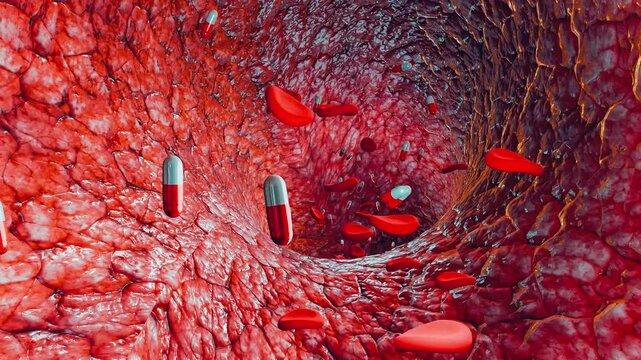 Red blood cells and pills flow through blood vessels, demonstrating the cells' role in oxygen transport and immunity within the circulatory system. This 3D image highlights the activity.