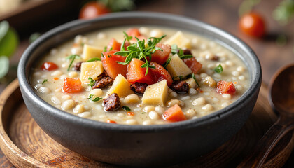 Hearty bean soup with vegetables in black bowl