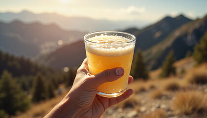 Hand holding beer glass against mountain landscape