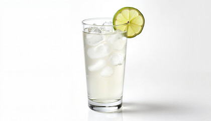 Refreshing lime cocktail with ice on white background