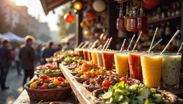 Colorful smoothies and fresh food at outdoor market stall