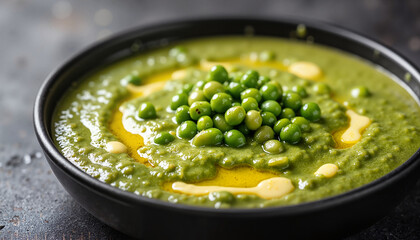 Green pea soup with olive oil drizzle in black bowl
