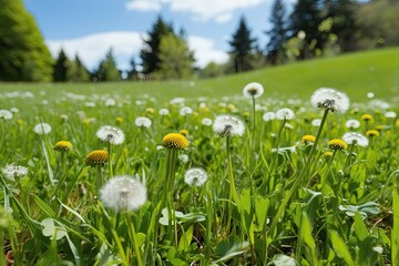 Obraz premium Lush Green Grass Field with Clover and Dandelion Flowers in a Sustainable Eco-Friendly Environment