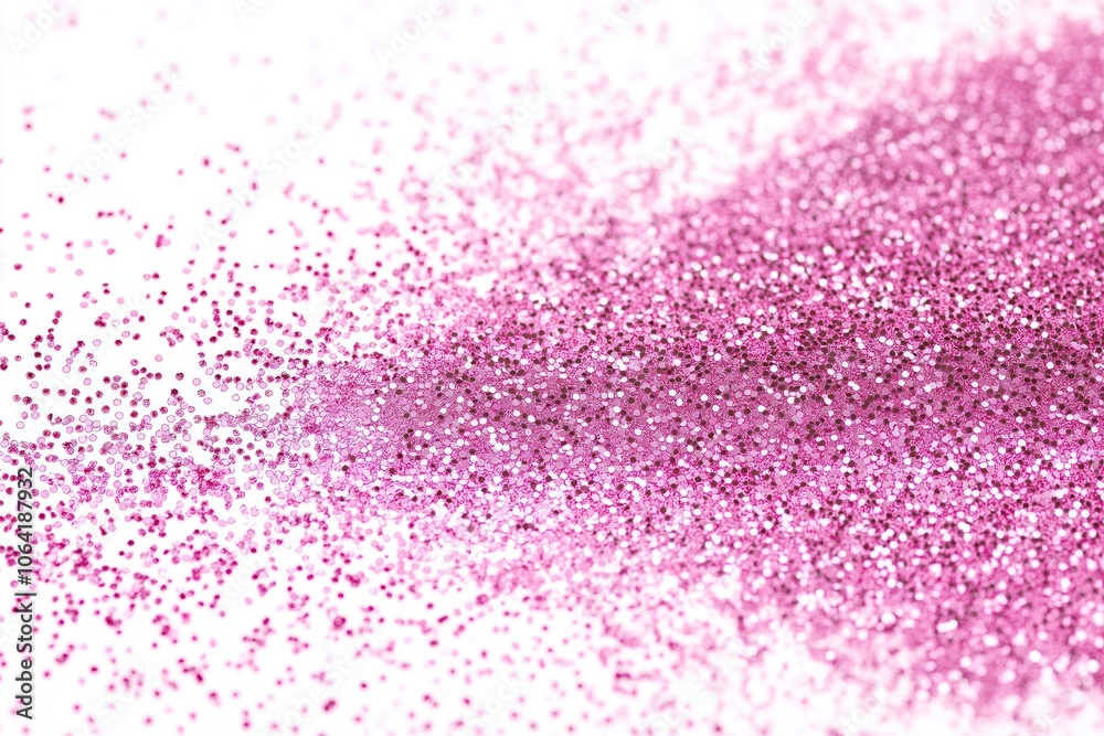 Poster pink glitter explosion on white background. glitter particles scattered across frame, creating movem