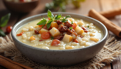 Hearty bean soup with vegetables and meat in rustic bowl