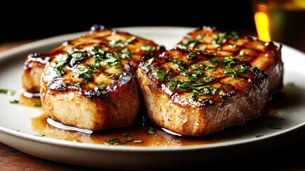 Three grilled pork chops with herbs and sauce on a white plate.