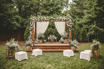 Rustic Wedding Ceremony Setup with Flower Arch and White Drapes