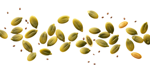 Pumpkin seeds scattered across isolated transparent background in close-up view. Seeds vary in size and shape, some larger and more spherical, others smaller and elongated. Alpha mask.